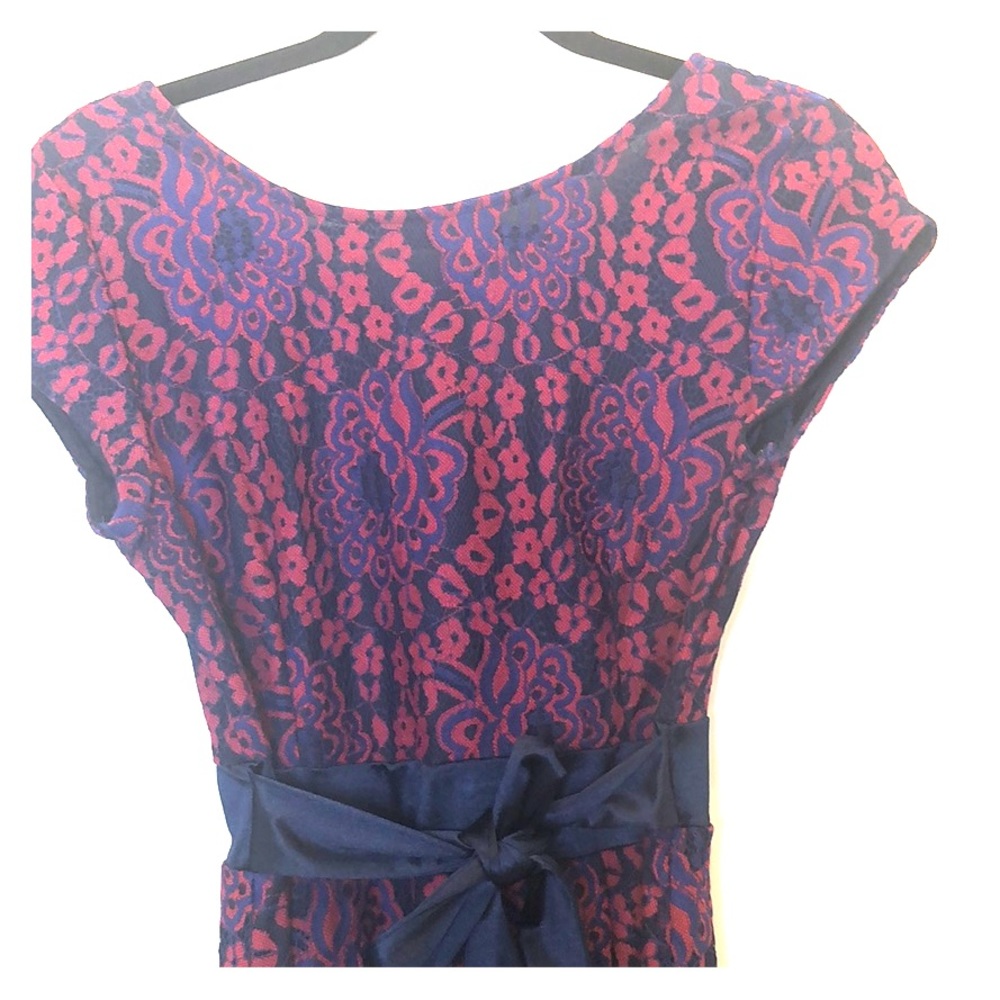 Blue and Red Lace Dress With Satin Tie